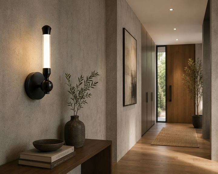 Modern Brass & Black Globe Wall Sconce with Opal Glass Diffuser