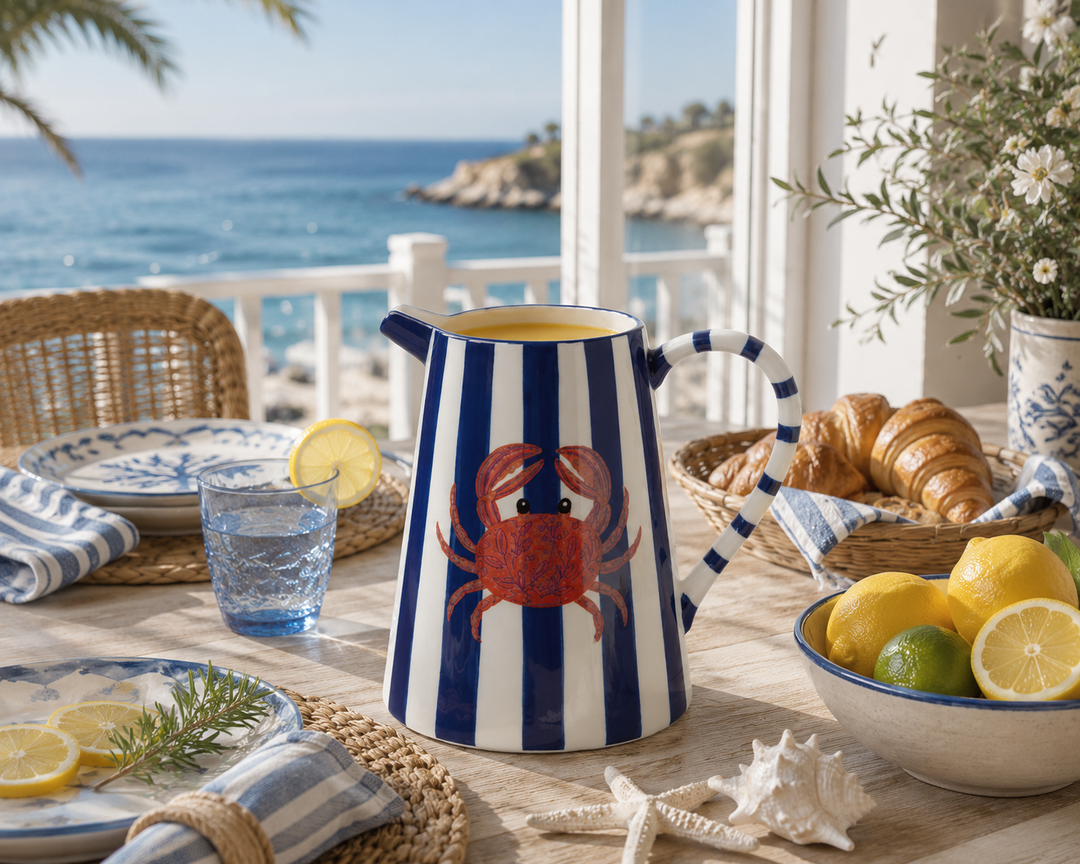 Coastal Striped Ceramic Pitcher with Crab Motif