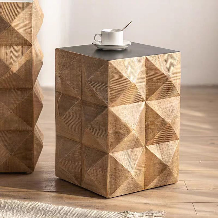 Geometric Wooden Side Table with Dark Top