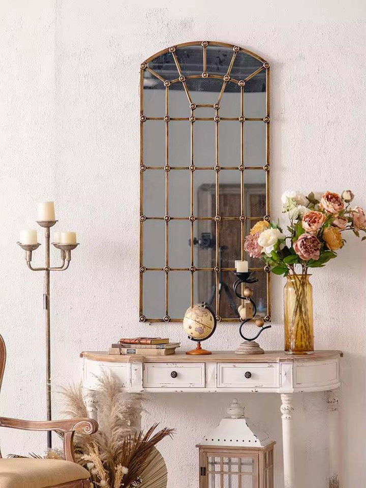 Arched Industrial Grid Mirror with Brass Accents