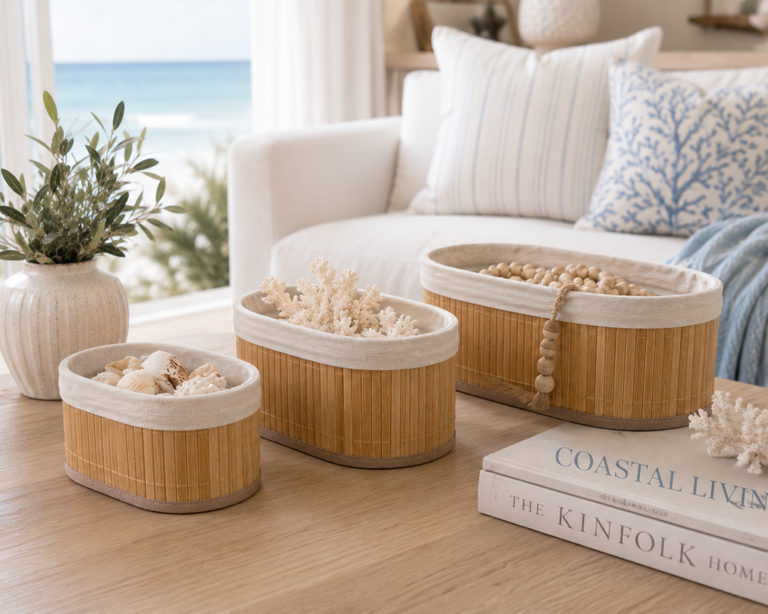Coastal Bamboo Storage Basket Set of 3 with Fabric Lining