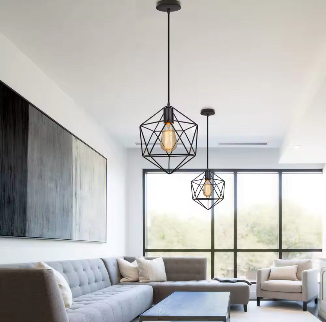 Industrial Pendant Light with Geometric Wireframe Design