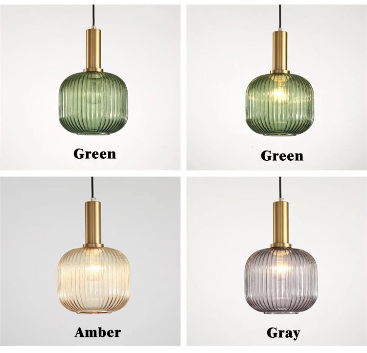 Modern Brass and Ribbed Glass Pendant Light Trio