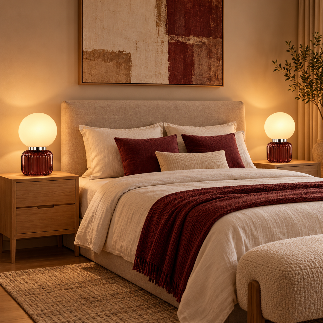 Burgundy Ribbed Glass Globe Table Lamp