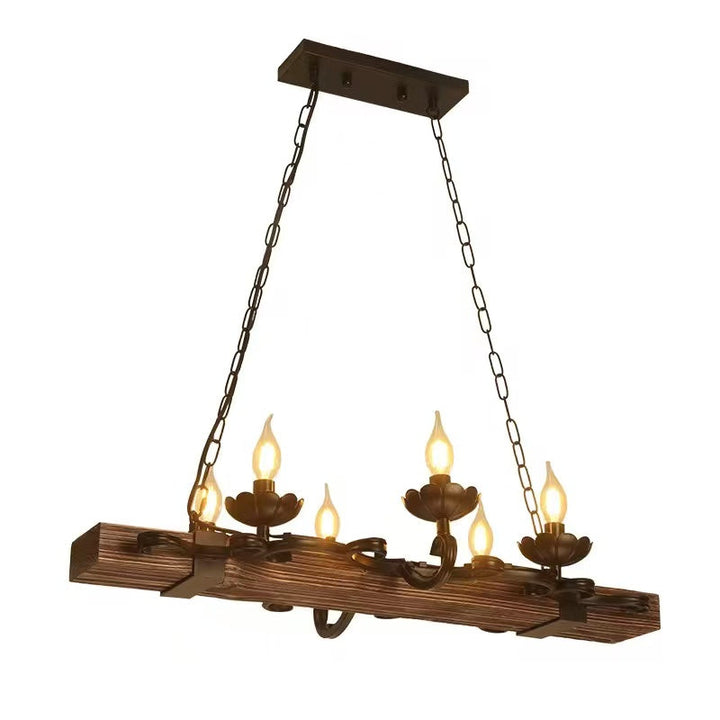 Rustic Candle-Style Wood Beam Chandelier