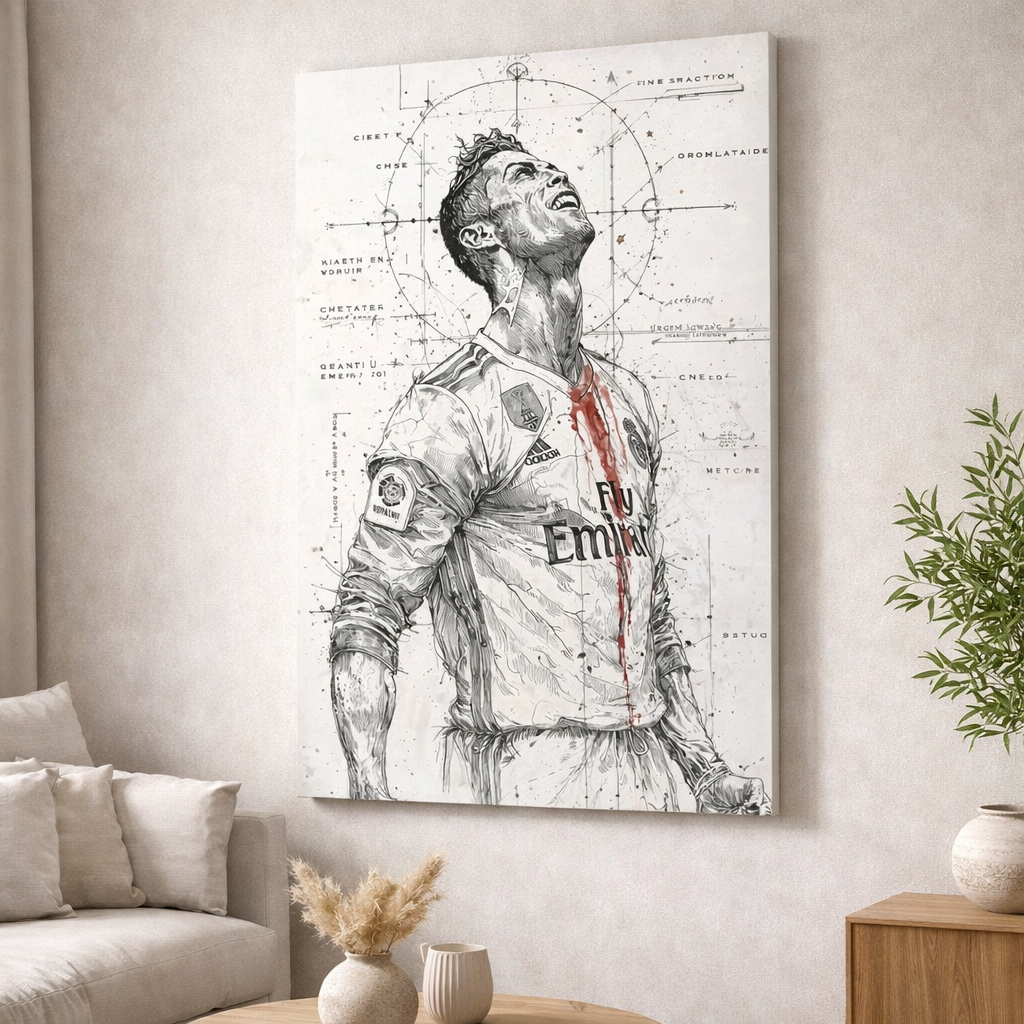 Football Legend Sketch hand-drawn canvas with MDF frame and glass front panel