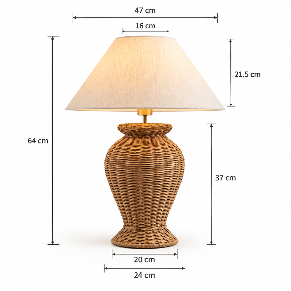 Woven rattan table lamp with a beige linen shade and tapered base