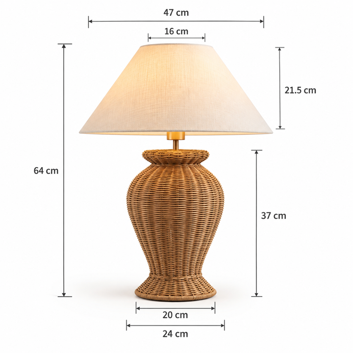 Woven rattan table lamp with a beige linen shade and tapered base