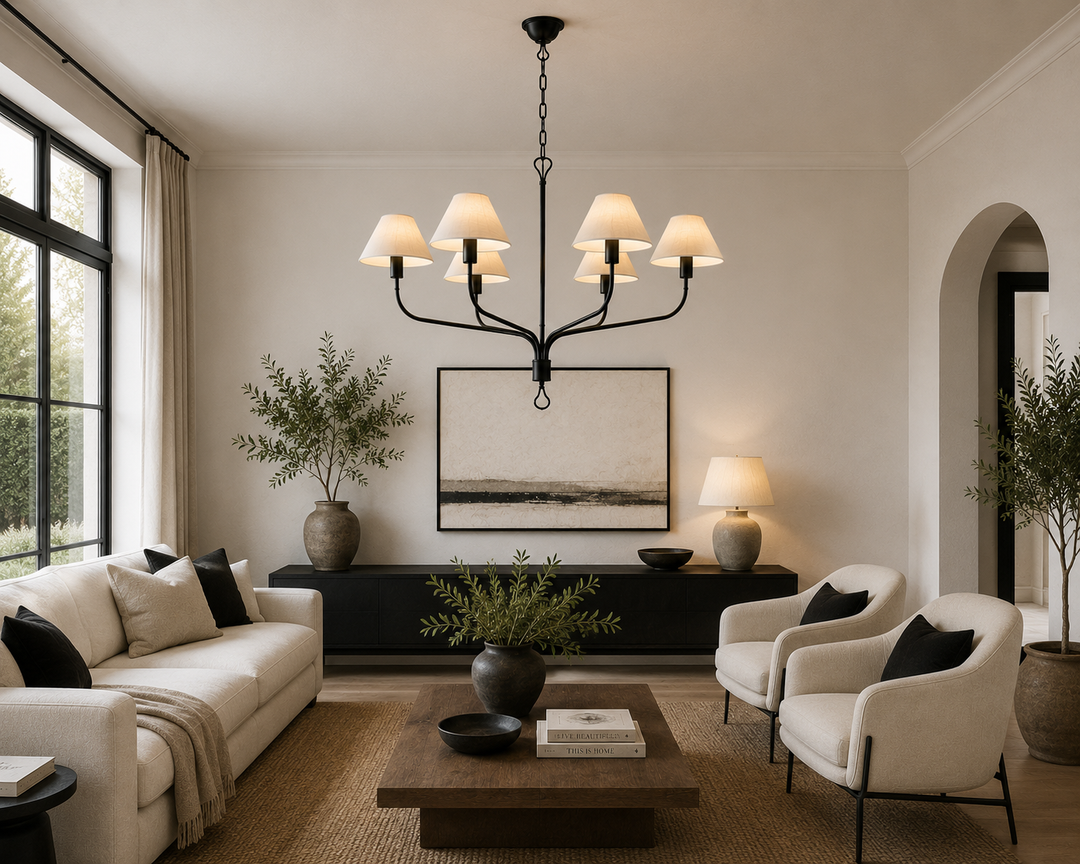 Traditional Gold & Black 6-Light Chandelier with Cream Fabric Shades