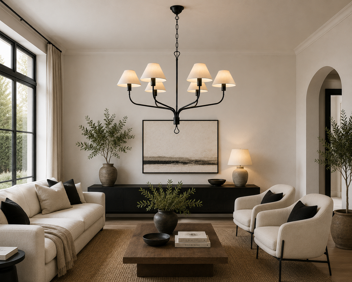 Traditional Gold & Black 6-Light Chandelier with Cream Fabric Shades