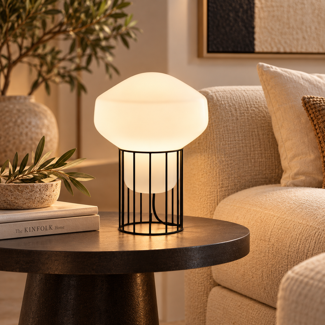 Modern White Globe Table Lamp with Black Metal Cage Base
