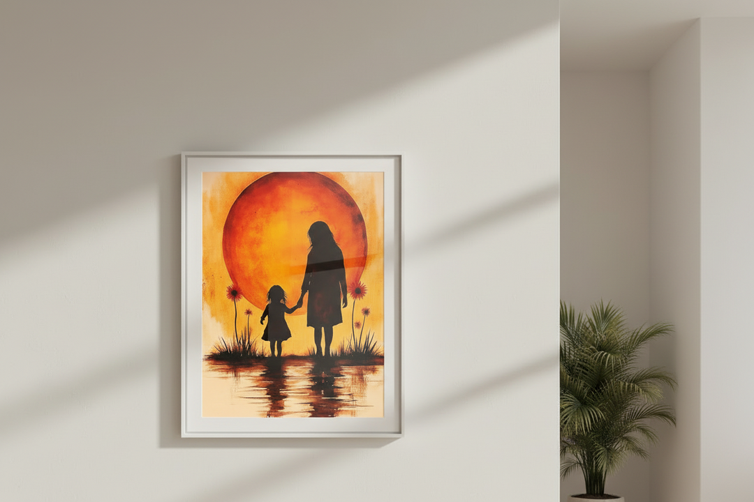Mother and Daughter Sunset Silhouette Canvas