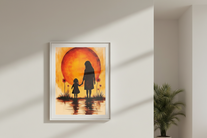 Mother and Daughter Sunset Silhouette Canvas
