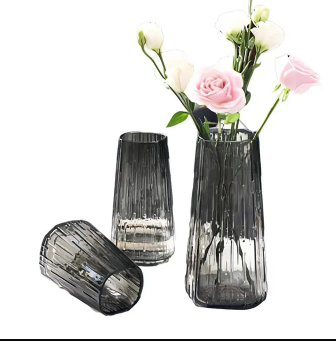 Tall Textured Smoky Glass Vase set of 3