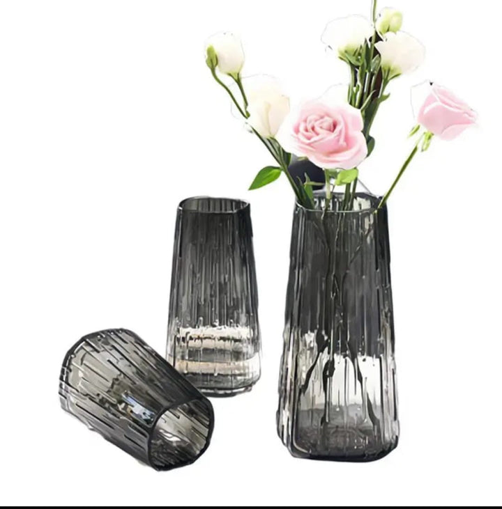 Tall Textured Smoky Glass Vase set of 3
