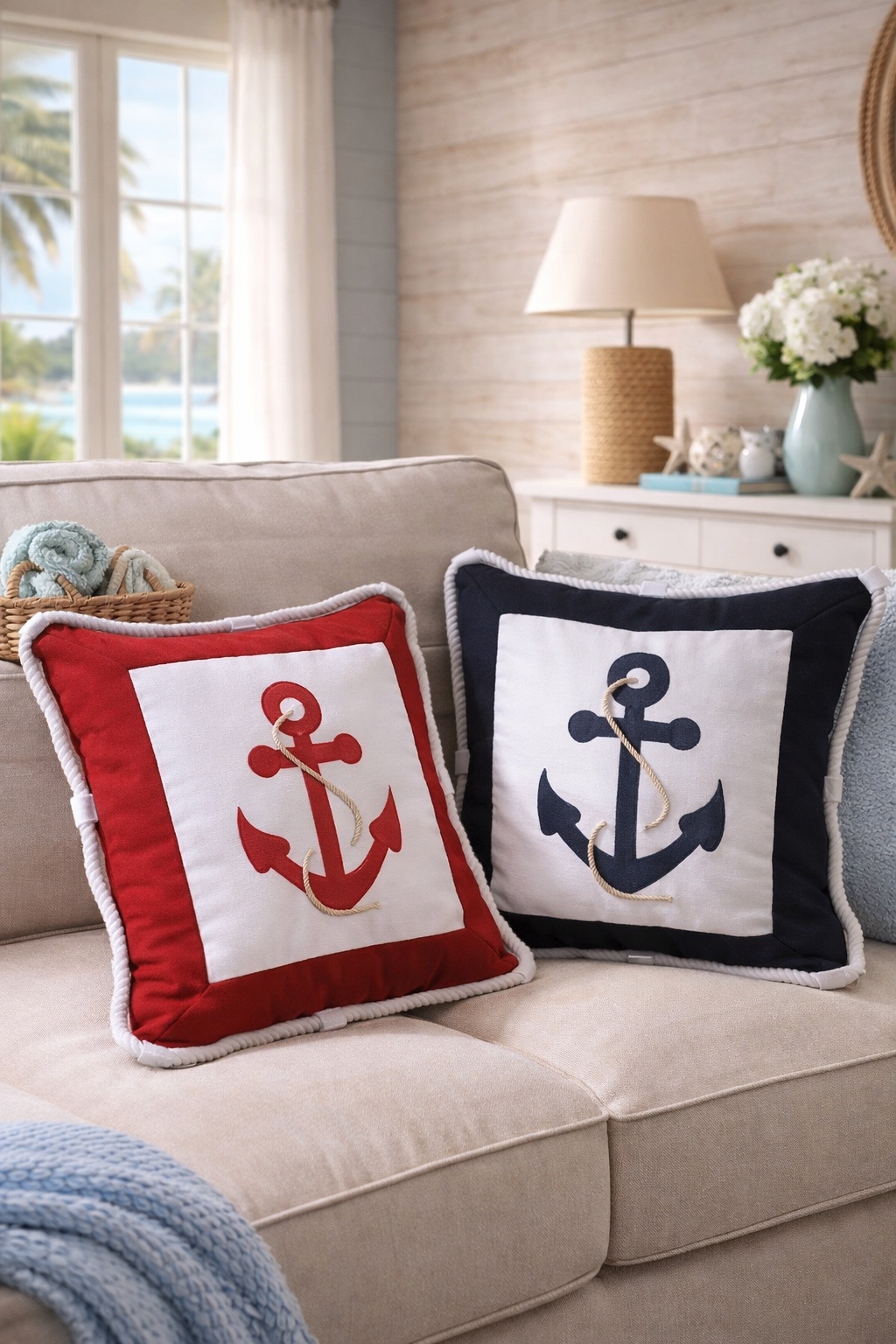 Stylish anchor cushion in contrasting colors for coastal interiors