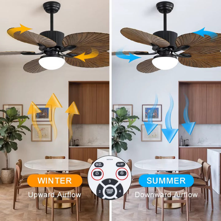 Black Ceiling Fan with Leaf-Shaped Wooden Blades and Integrated Light