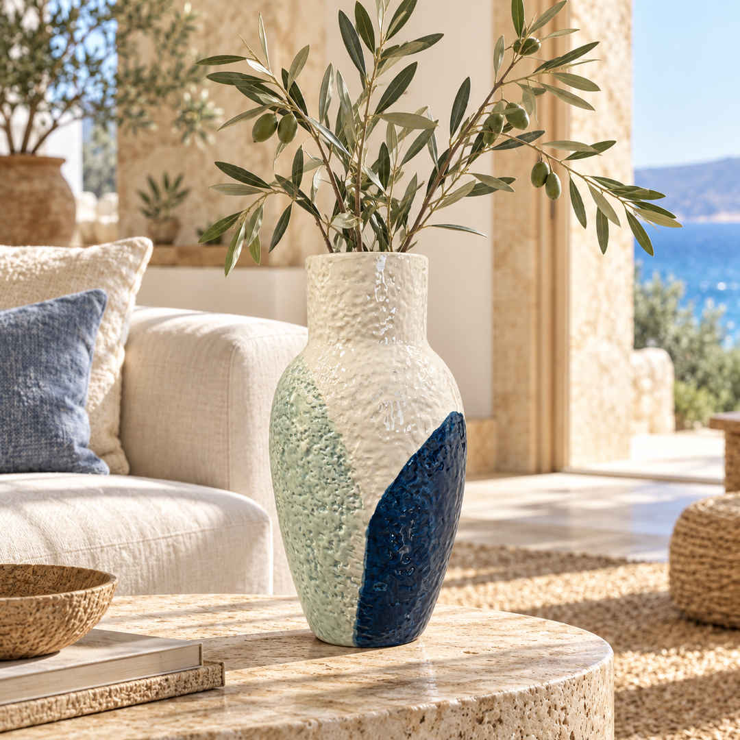 Textured Ceramic Vase with Blue and Sage Green Accents