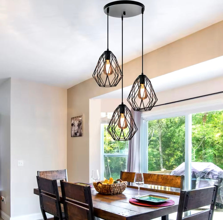 Industrial Triple Pendant Light with Geometric Shades