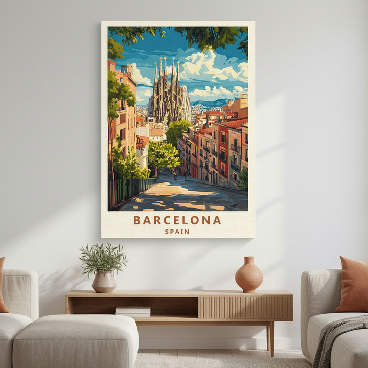 Vintage travel poster of Barcelona Spain Sagrada Familia on canvas with vibrant streets and Mediterranean sunlight