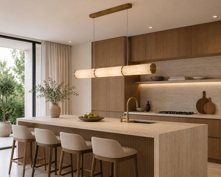 Modern Triple Marble Tube LED Pendant Light with Brass Accents