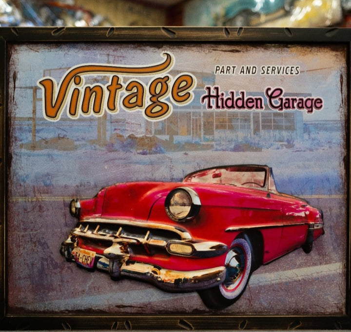Vintage Red Convertible Retro Garage Wall Art