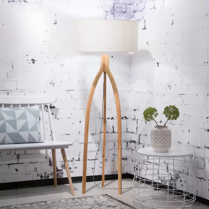 Wooden Tripod Floor Lamp with White Shade