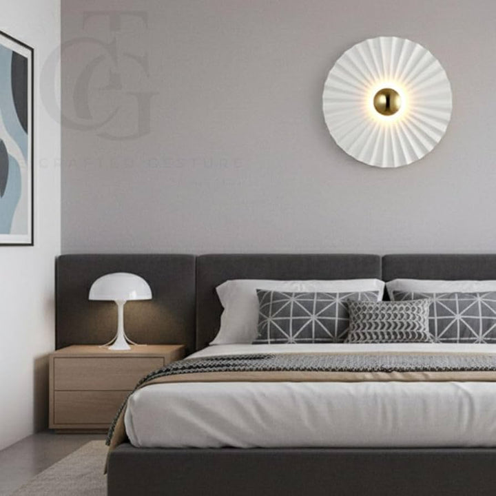 White Pleated Round Wall Sconce