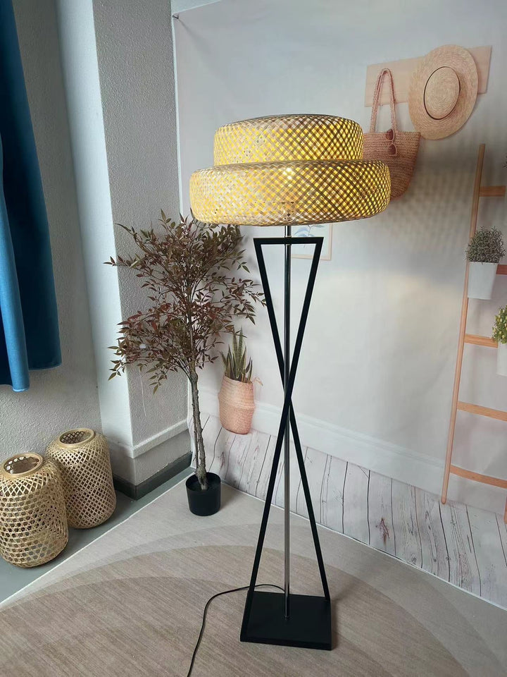 Rustic Floor Lamp with Woven Natural Shade and Black Tripod Base