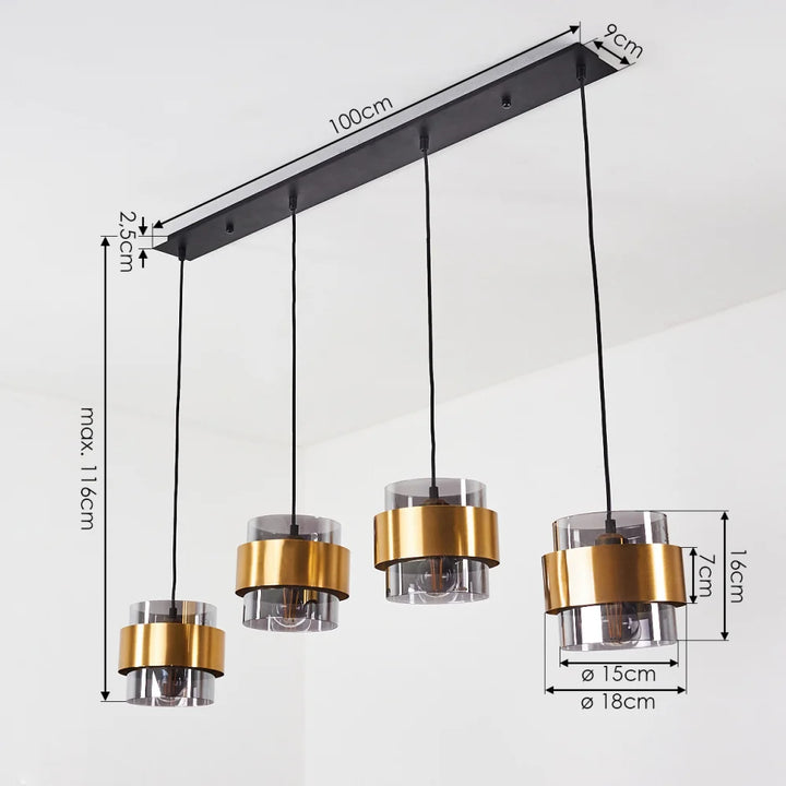 Elegant Gold and Smoke Glass Cylinder Pendant Light Set