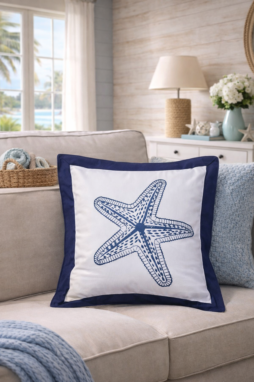 Starfish decorative pillow on soft furnishing cushion background