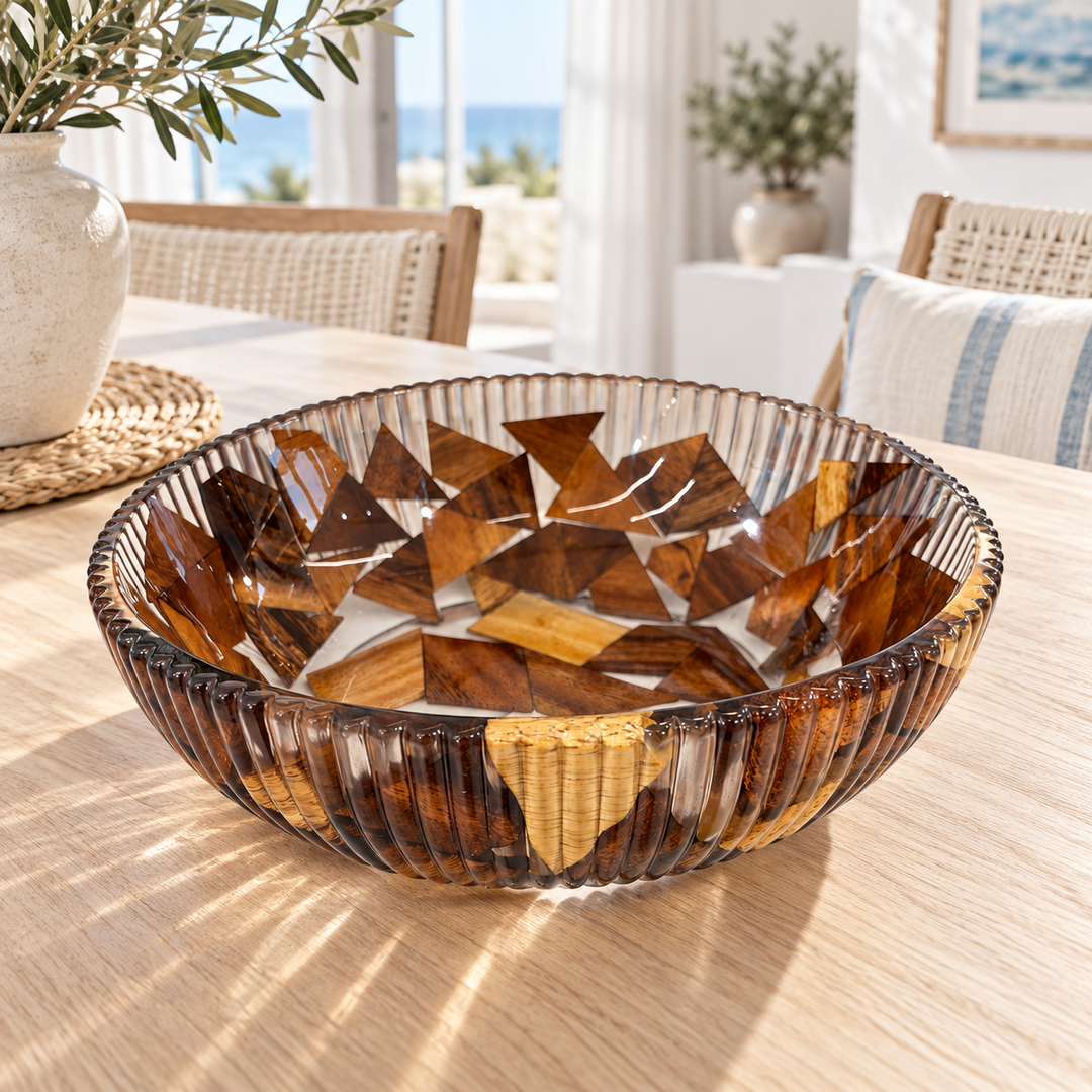 Fluted decorative bowl with a glossy finish and geometric brown and amber wood-grain pattern