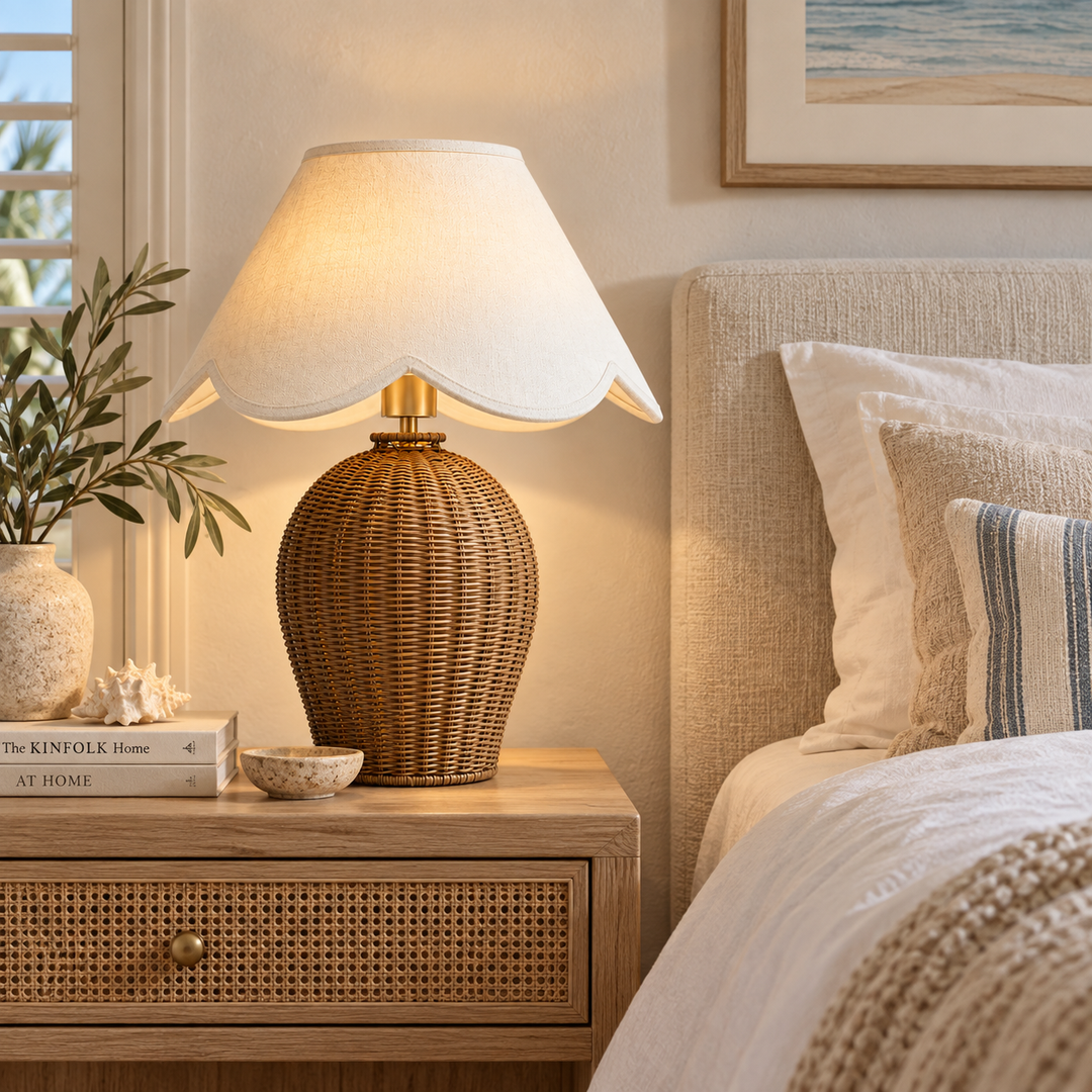 Rattan Table Lamp with Scalloped Linen Shade