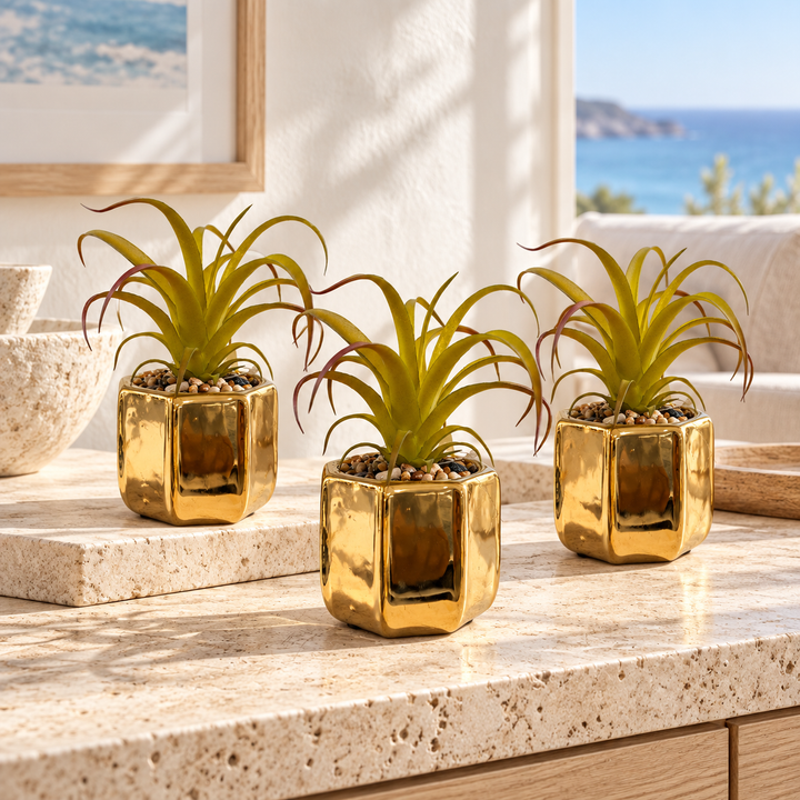 Gold Ceramic Planters with Artificial Ornamental Plants set of 3