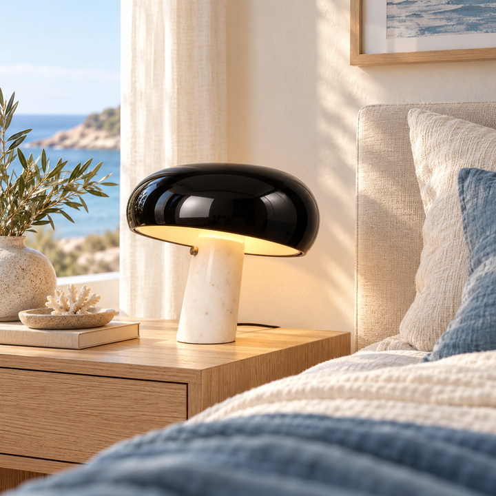 Black Dome Table Lamp with Stone Base