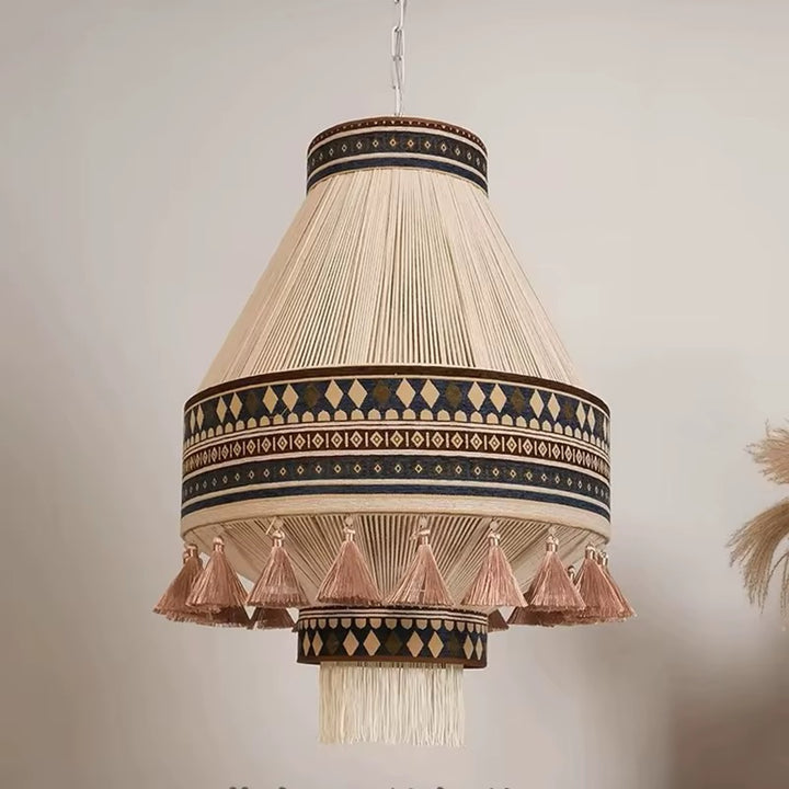 Traditional Tassel Pendant Light with Geometric Trim