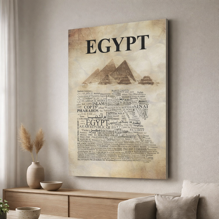 Vintage typography canvas art of Egypt pyramids in country shape on MDF frame