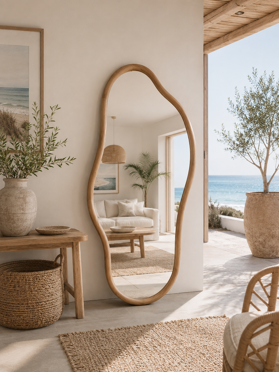Organic Natural Wood Full-Length Wavy Floor Mirror