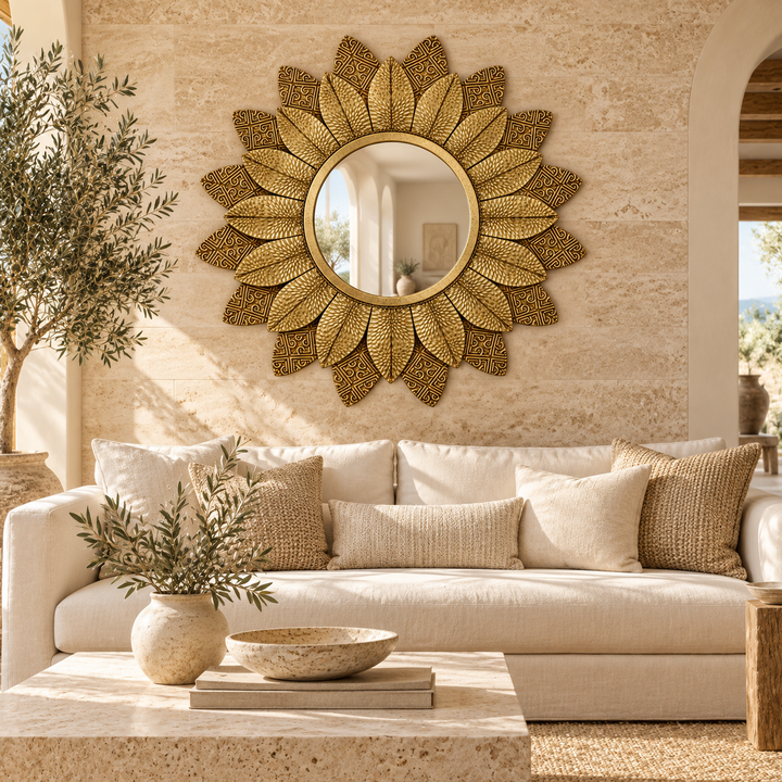 Gold Sunburst Metal Wall Mirror with Textured Leaf Frame