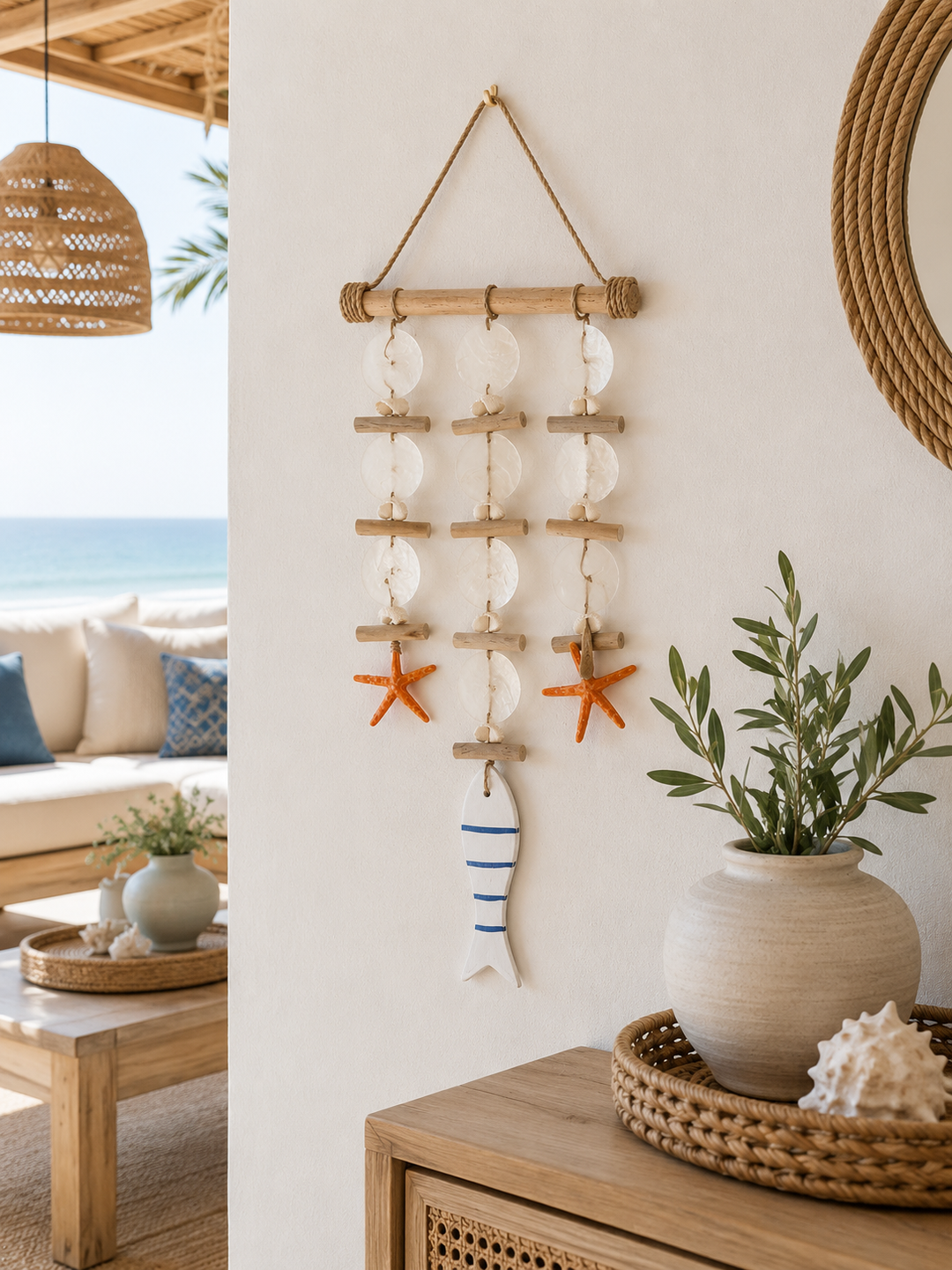 Coastal Capiz Shell & Driftwood Hanging Wall Decor