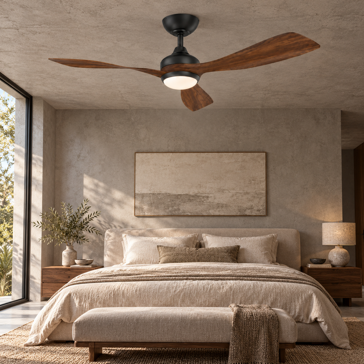 Modern Ceiling Fan with Walnut Wood Blades and LED Light