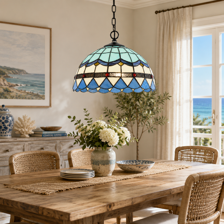 Vintage Blue Tiffany Style Stained Glass Pendant Light