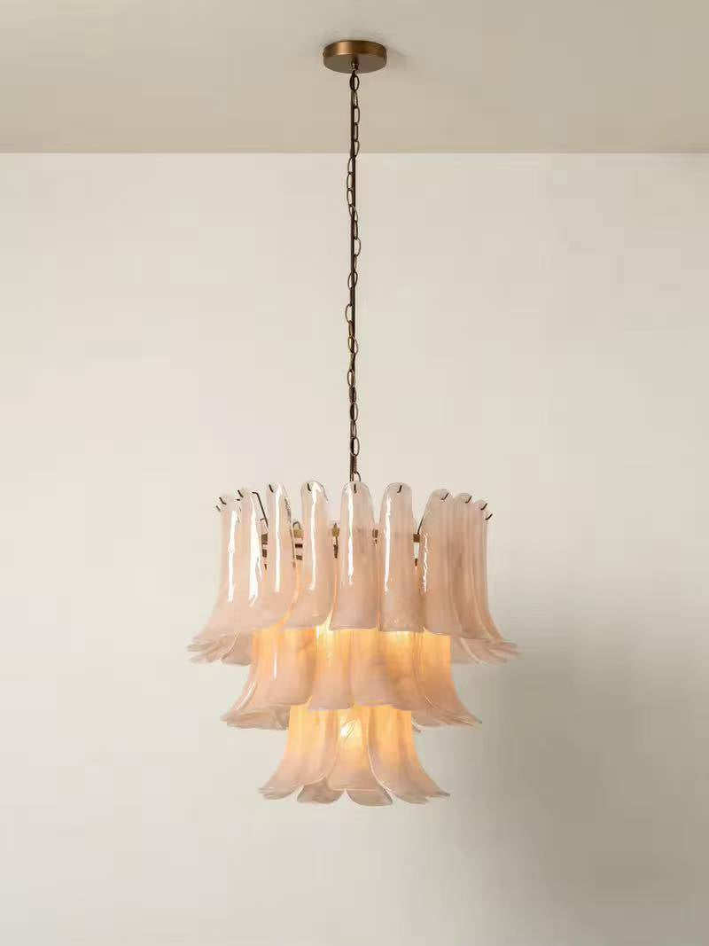 Ivory Petal Glass Chandelier with Bronze Chain