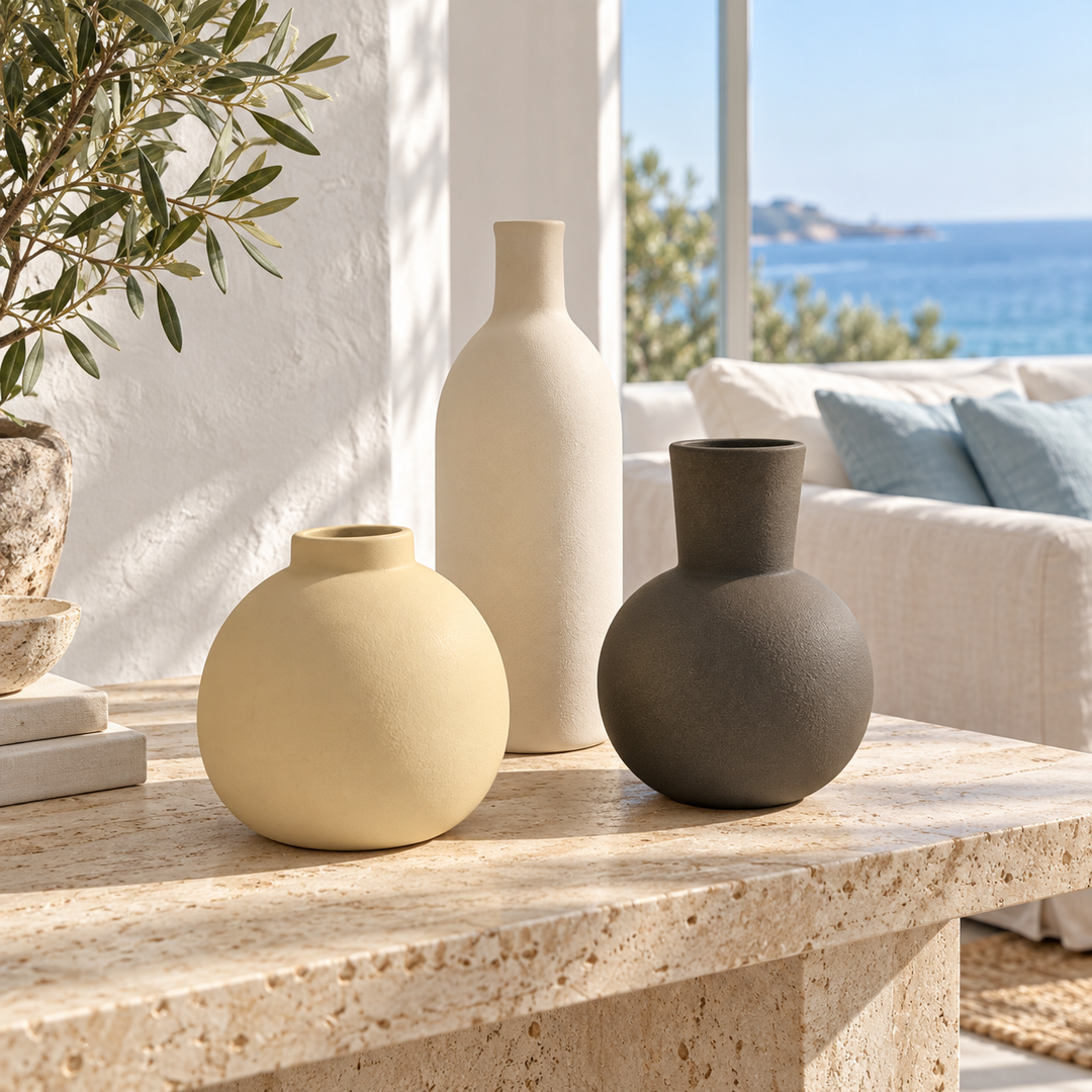 Set of three textured ceramic decorative vases in cream, ivory, and taupe displayed on a stone table in a bright modern living room