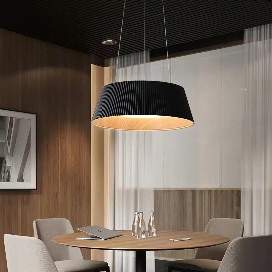 Black Pleated Drum Pendant Light with Warm Wood Interior
