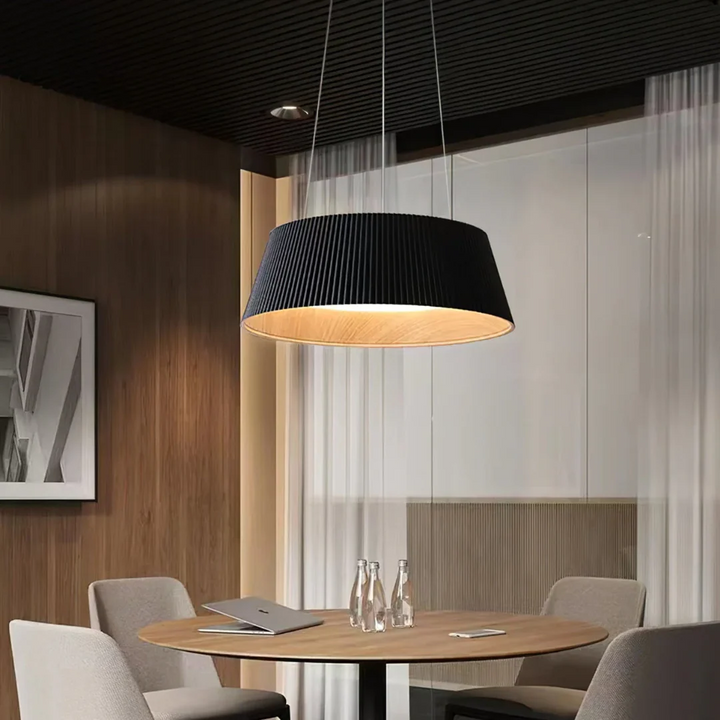 Black Pleated Drum Pendant Light with Warm Wood Interior