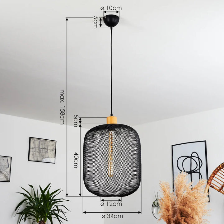 Industrial Mesh Pendant Light with Wooden Accent