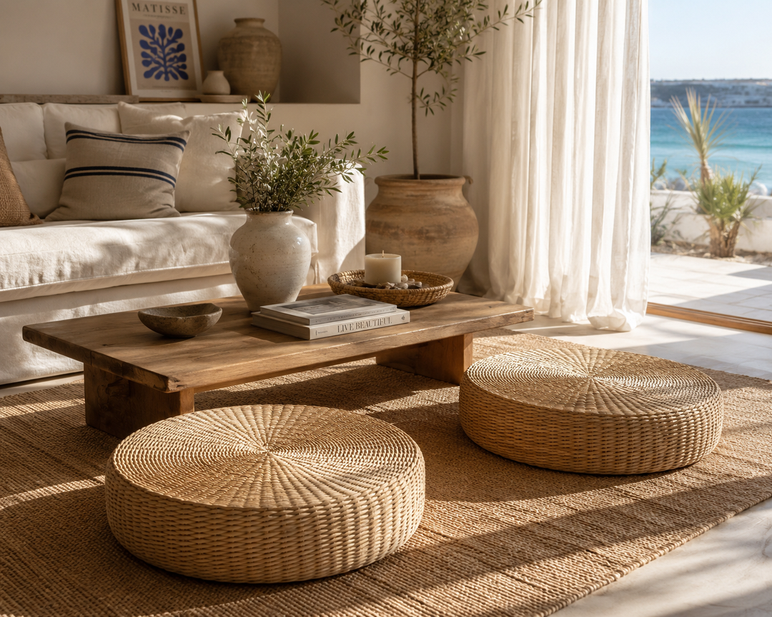 Handwoven Rattan Floor Pouf Set