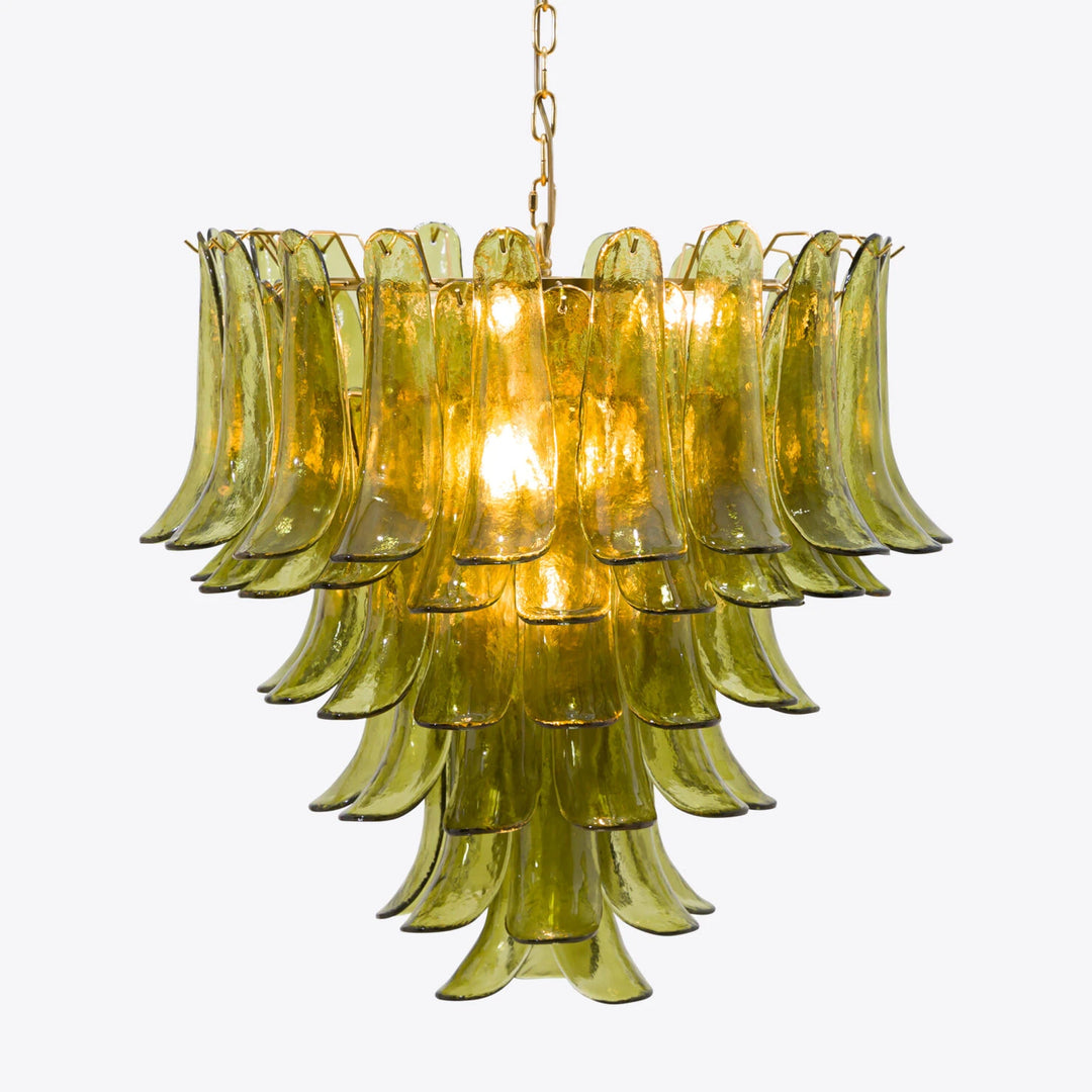 Layered olive green glass cascade chandelier with petal-shaped shades and warm illumination