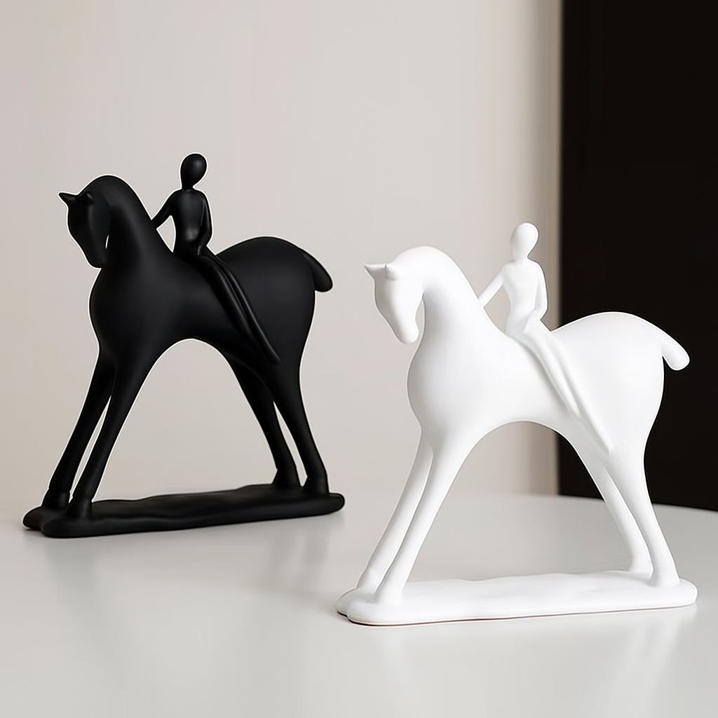 Black & White Minimalist Horse Rider Sculptures